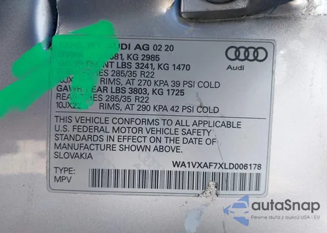 2020 Audi Q7 Prestige 55 Tfsi Quattro Tiptronic z USA, uszkodzony, nr VIN WA1VXAF7XLD006178